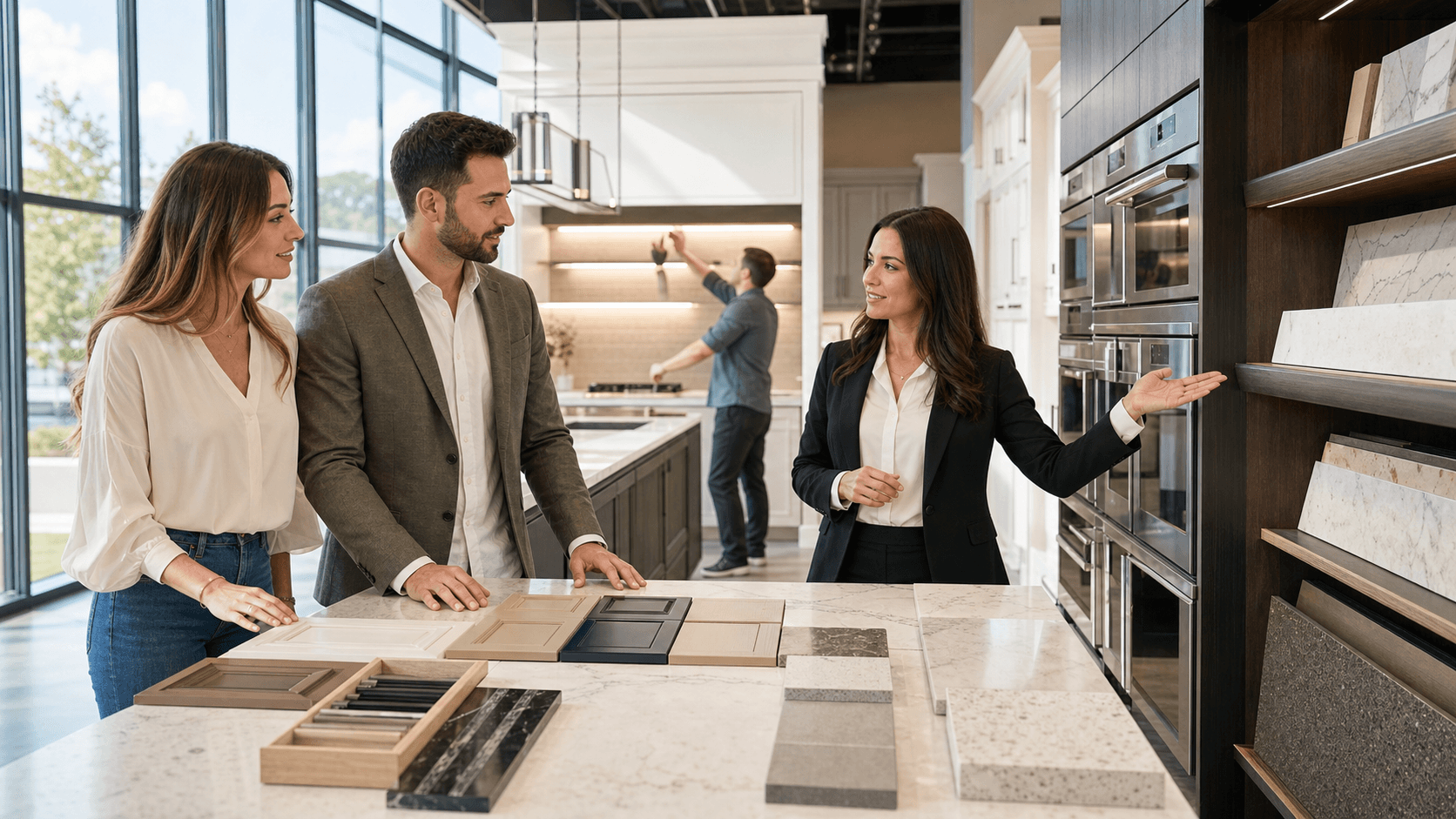 Sunlit modern kitchen showroom with white cabinets, wood island, pendant lights, and bar stools on display.