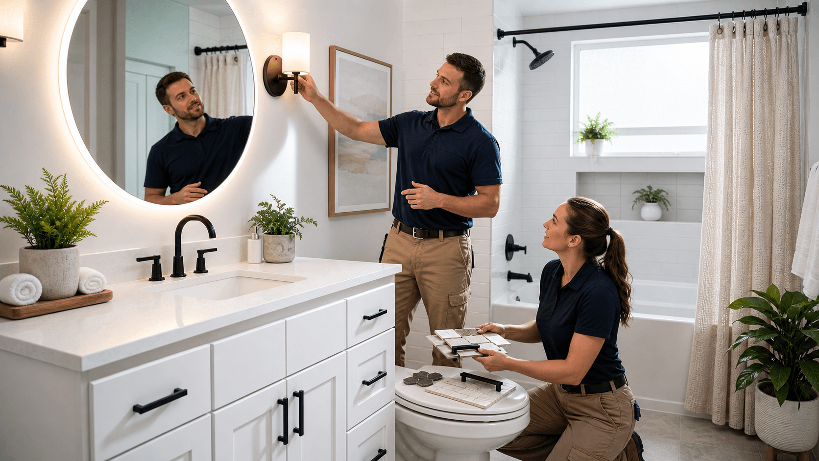 Bright, minimalist bathroom with white tile, floating vanity, round mirror, and green plant in soft natural light.