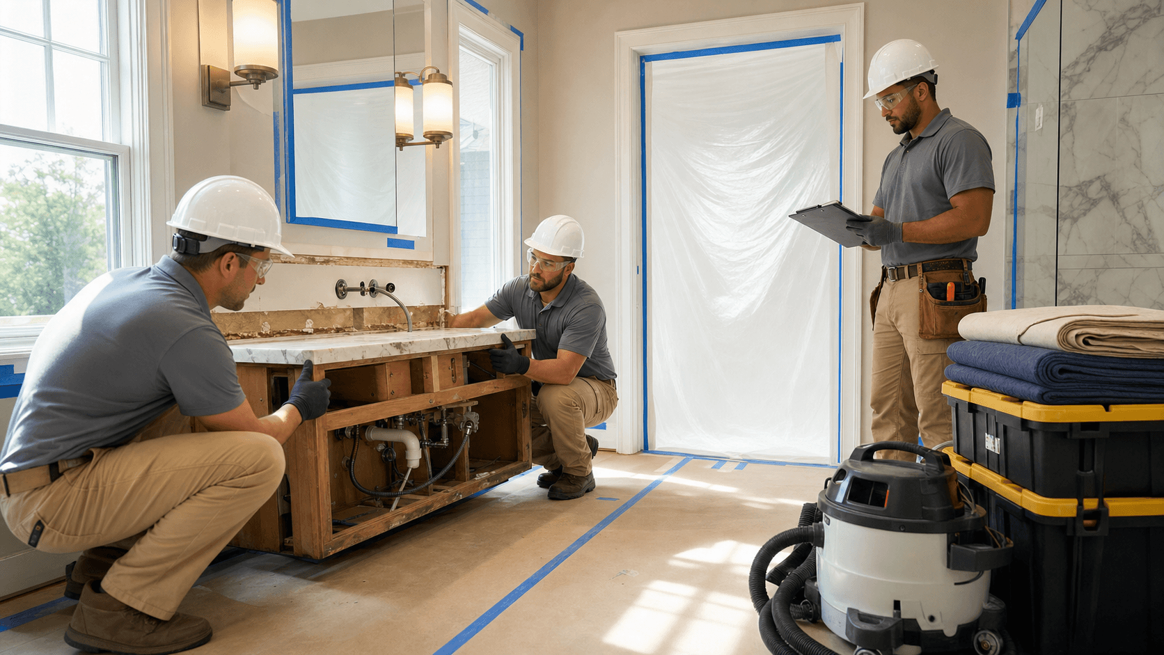 Contractor in hard hat and goggles using a sledgehammer in a tiled bathroom, debris on floor, bright lighting