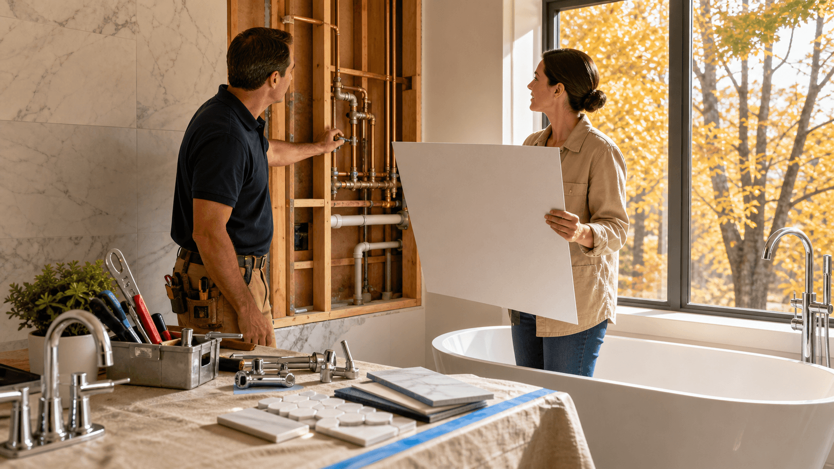 Contractor reviews bathroom blueprints beside tile samples and a sunlit window with autumn leaves.