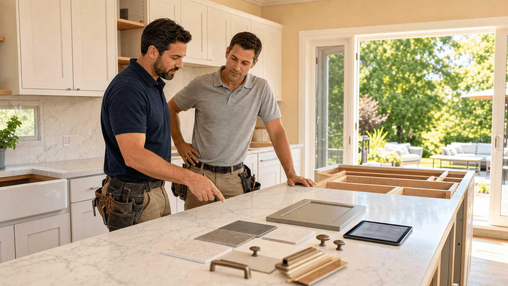 Sunlit modern kitchen with white cabinets, wood island, tools on counter, and a contractor reviewing plans near a window
