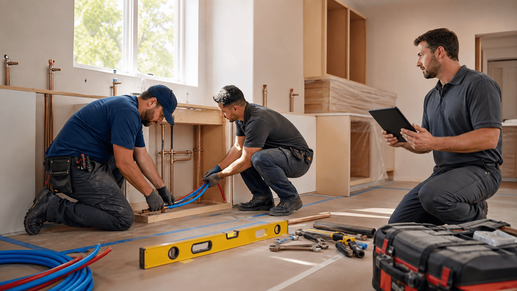 Contractor in hard hat inspecting under-sink pipes in a bright modern kitchen with white cabinets and tools on counter